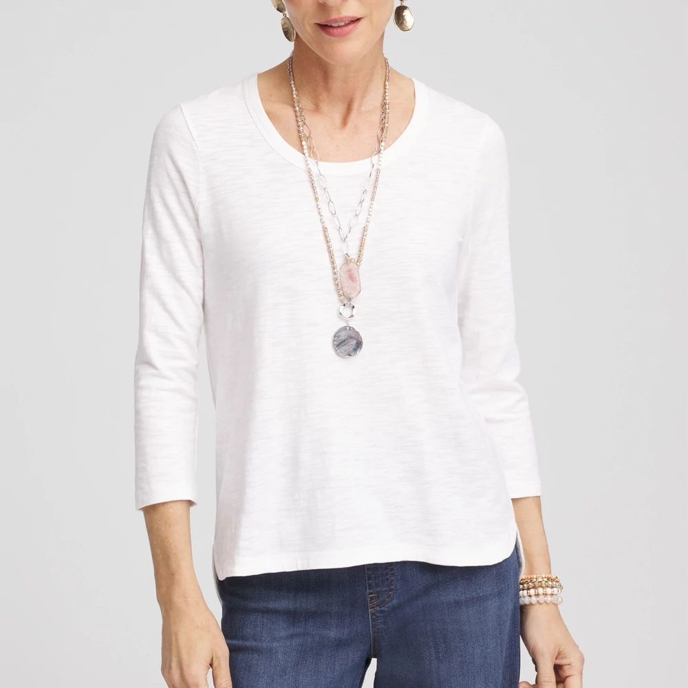 Chico’s Slub 3/4 Sleeve Tee White Casual Comfort Breathable Lounge